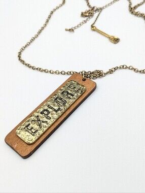 5/25$   Long chain necklace EXPLORE wood dog tag style pendant